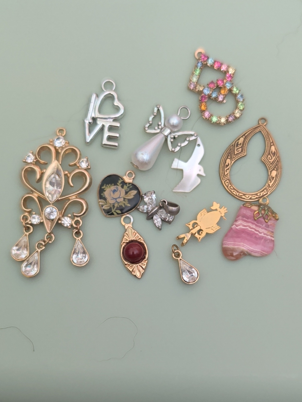 Gold-Tone Multi Charm Pendant Set with Pink and Clear Accents